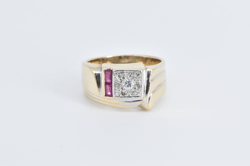 14K Squared Diamond Cluster Syn. Ruby Accent Ring Yellow Gold