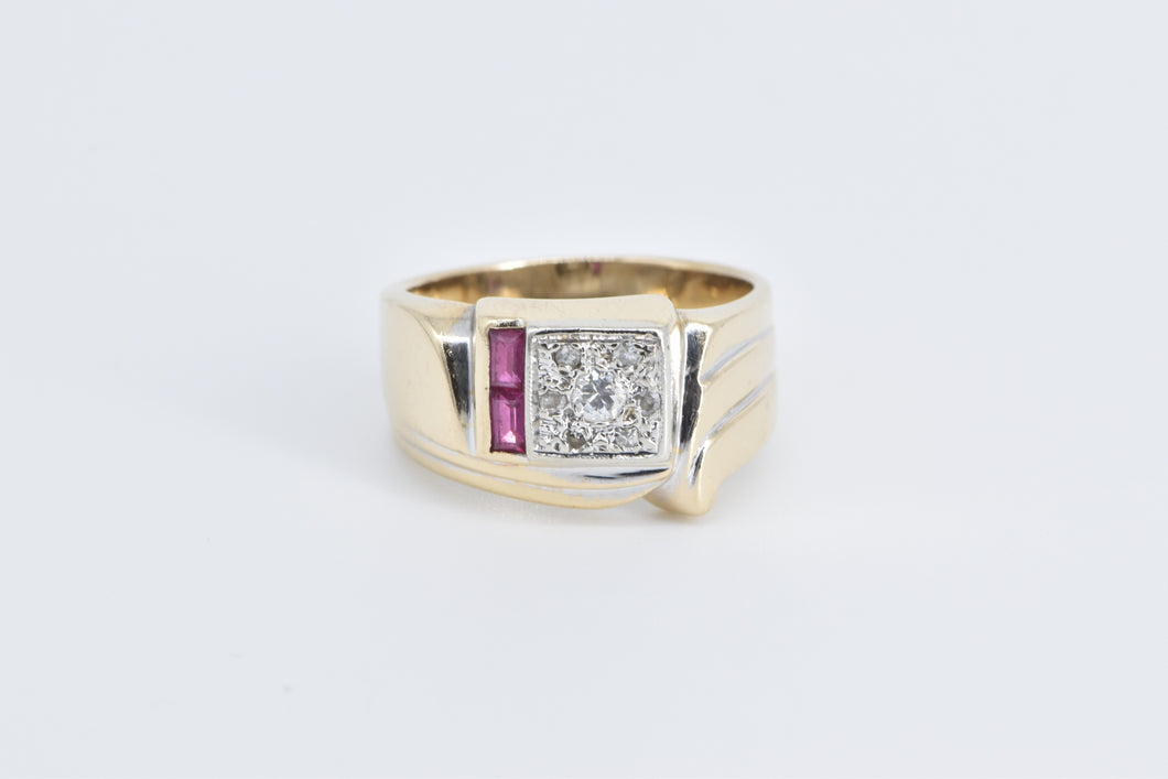 14K Squared Diamond Cluster Syn. Ruby Accent Ring Yellow Gold