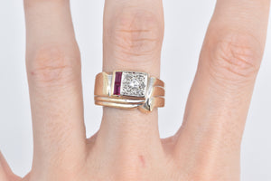 14K Squared Diamond Cluster Syn. Ruby Accent Ring Yellow Gold