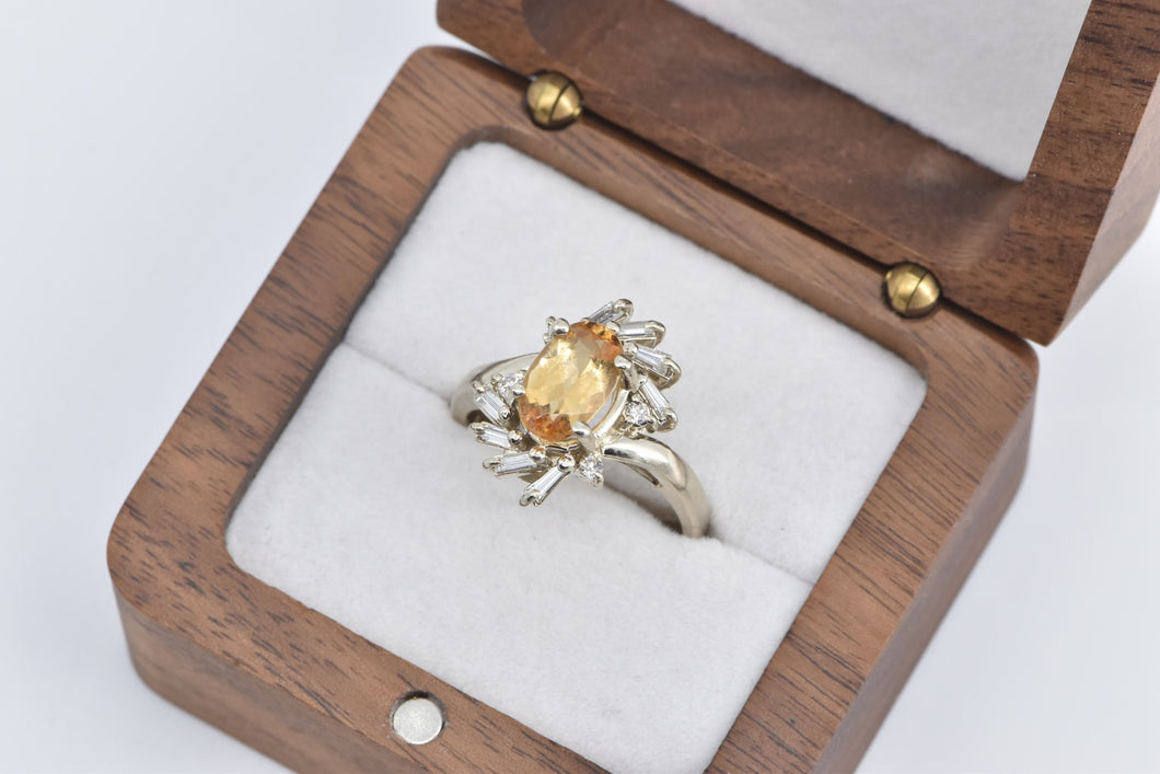 14K Oval Citrine Baguette Diamond Halo Statement Ring White Gold