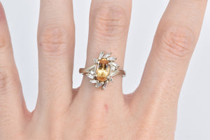 14K Oval Citrine Baguette Diamond Halo Statement Ring White Gold