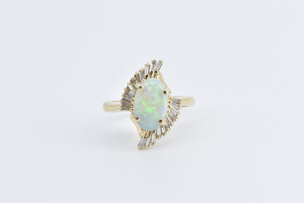 14K Opal Baguette Diamond Fanned Halo Swirl Ring Yellow Gold