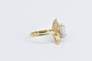 14K Opal Baguette Diamond Fanned Halo Swirl Ring Yellow Gold