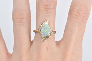 14K Opal Baguette Diamond Fanned Halo Swirl Ring Yellow Gold