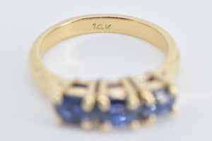 14K Three Stone Natural Sapphire Vintage Ring Yellow Gold