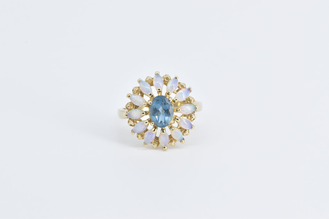 14K Oval Blue Topaz Marquise Opal Flower Cocktail Ring Yellow Gold