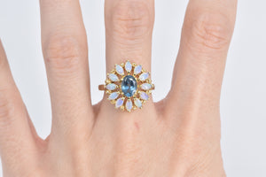 14K Oval Blue Topaz Marquise Opal Flower Cocktail Ring Yellow Gold