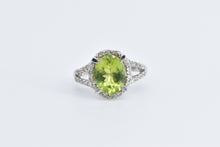 Load image into Gallery viewer, 14K Oval Peridot Diamond Halo Vintage Statement Ring White Gold