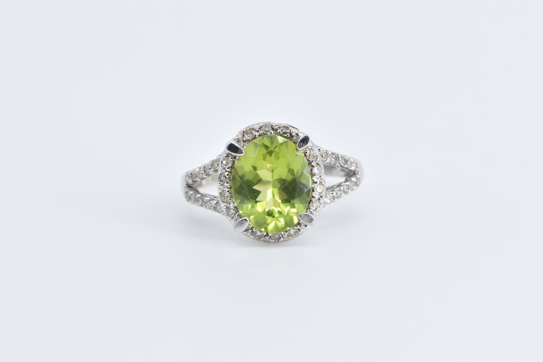 14K Oval Peridot Diamond Halo Vintage Statement Ring White Gold