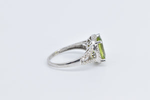 14K Oval Peridot Diamond Halo Vintage Statement Ring White Gold