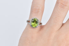 Load image into Gallery viewer, 14K Oval Peridot Diamond Halo Vintage Statement Ring White Gold