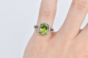 14K Oval Peridot Diamond Halo Vintage Statement Ring White Gold