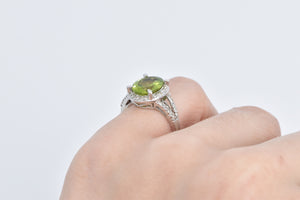 14K Oval Peridot Diamond Halo Vintage Statement Ring White Gold