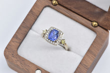 Load image into Gallery viewer, 14K Oval Tanzanite Diamond Halo Princess Accent Ring White Gold