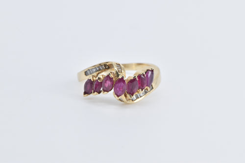 14K Marquise Ruby Baguette Diamond Bypass Ring Yellow Gold