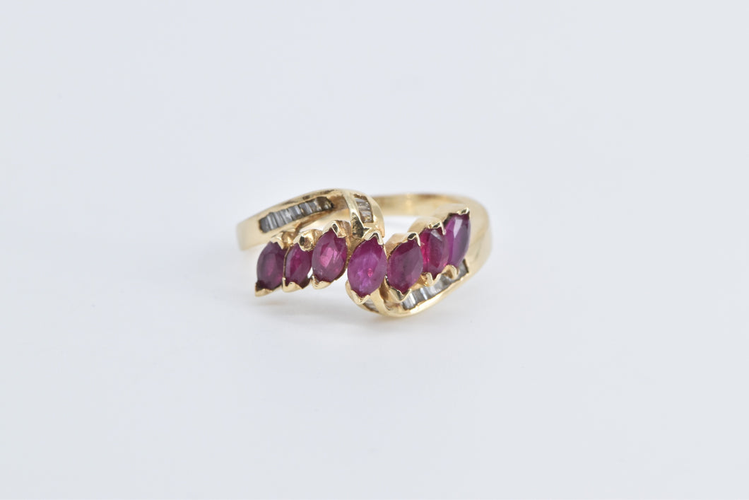 14K Marquise Ruby Baguette Diamond Bypass Ring Yellow Gold