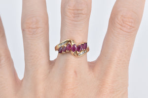 14K Marquise Ruby Baguette Diamond Bypass Ring Yellow Gold