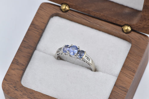 10K Three Stone Tanzanite Diamond Accent Vintage Ring White Gold