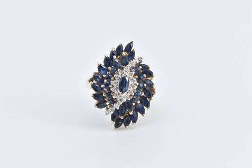 10K Marquise Sapphire Diamond Swirl Cluster Ring Yellow Gold