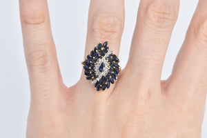 10K Marquise Sapphire Diamond Swirl Cluster Ring Yellow Gold