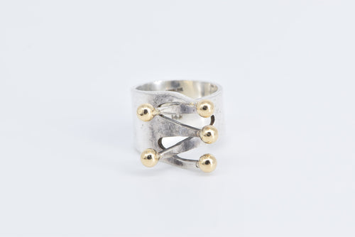 Sterling Silver 14k Gold Ball Fork Criss Cross Statement Ring