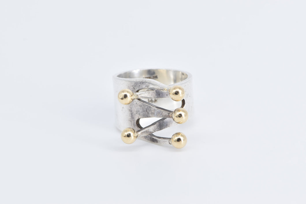 Sterling Silver 14k Gold Ball Fork Criss Cross Statement Ring