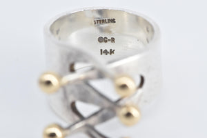 Sterling Silver 14k Gold Ball Fork Criss Cross Statement Ring