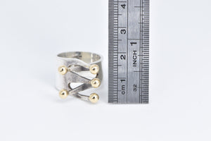 Sterling Silver 14k Gold Ball Fork Criss Cross Statement Ring