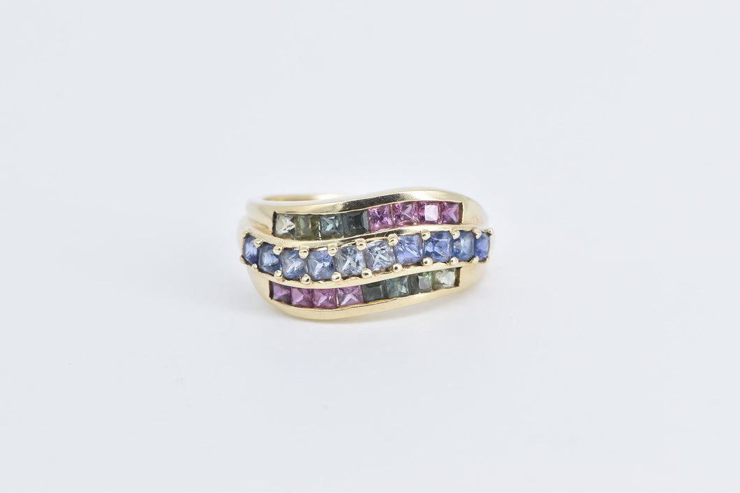 10K Rainbow Syn. Sapphire Wavy Statement Band Ring Yellow Gold