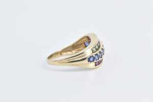 10K Rainbow Syn. Sapphire Wavy Statement Band Ring Yellow Gold