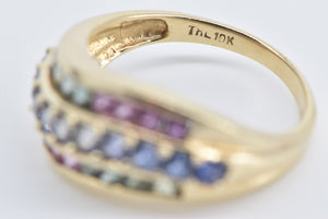 10K Rainbow Syn. Sapphire Wavy Statement Band Ring Yellow Gold