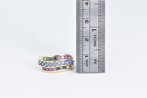 10K Rainbow Syn. Sapphire Wavy Statement Band Ring Yellow Gold