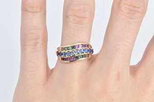 10K Rainbow Syn. Sapphire Wavy Statement Band Ring Yellow Gold