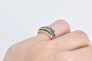 10K Rainbow Syn. Sapphire Wavy Statement Band Ring Yellow Gold