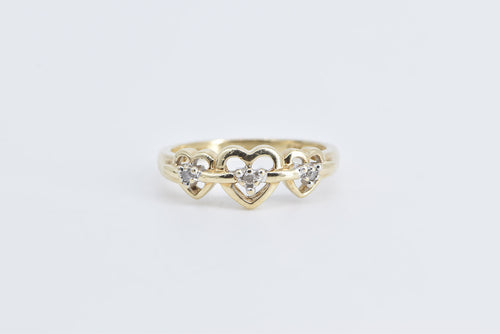 10K Diamond Three Heart Love Symbol Promise Ring Yellow Gold
