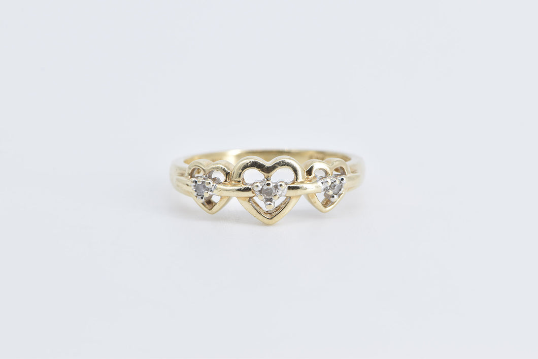 10K Diamond Three Heart Love Symbol Promise Ring Yellow Gold