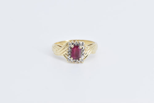 10K Emerald Cut Natural Ruby Diamond Halo Ring Yellow Gold