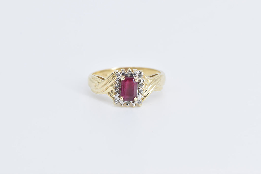 10K Emerald Cut Natural Ruby Diamond Halo Ring Yellow Gold