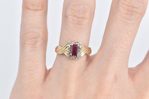 10K Emerald Cut Natural Ruby Diamond Halo Ring Yellow Gold