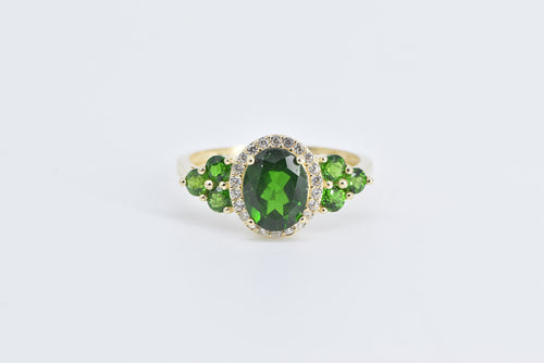 10K Oval Sim. Tsavorite Garnet CZ Halo Statement Ring Yellow Gold