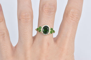 10K Oval Sim. Tsavorite Garnet CZ Halo Statement Ring Yellow Gold