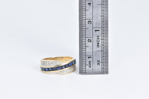 14K Princess Sapphire Diamond Vintage Band Ring Yellow Gold