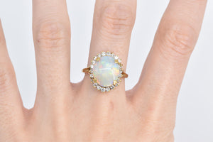 18K Natural Opal Diamond Halo Vintage Statement Ring Yellow Gold