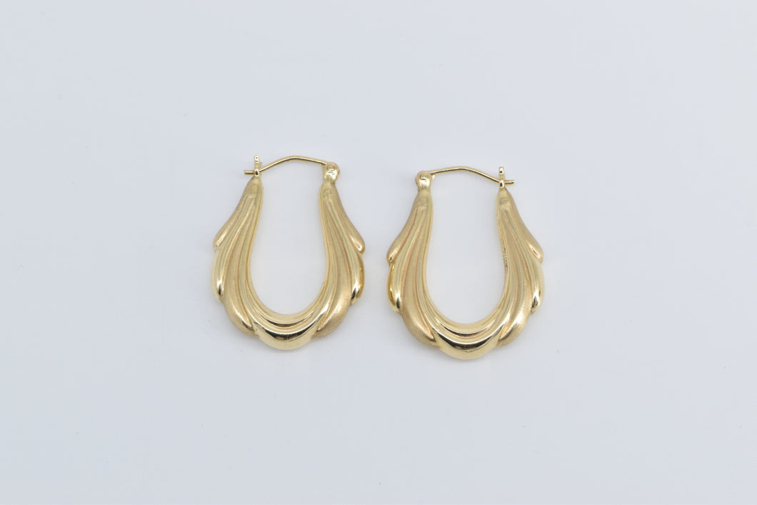14K Puffy Draped Scalloped Oval Hollow Hoop Earrings Yellow Gold
