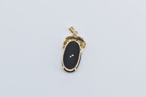 14K Chinese Fortune Character Black Onyx Ornate Pendant Yellow Gold