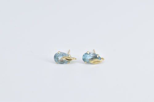 14K Pear Blue Topaz Solitaire Vintage Stud Earrings Yellow Gold