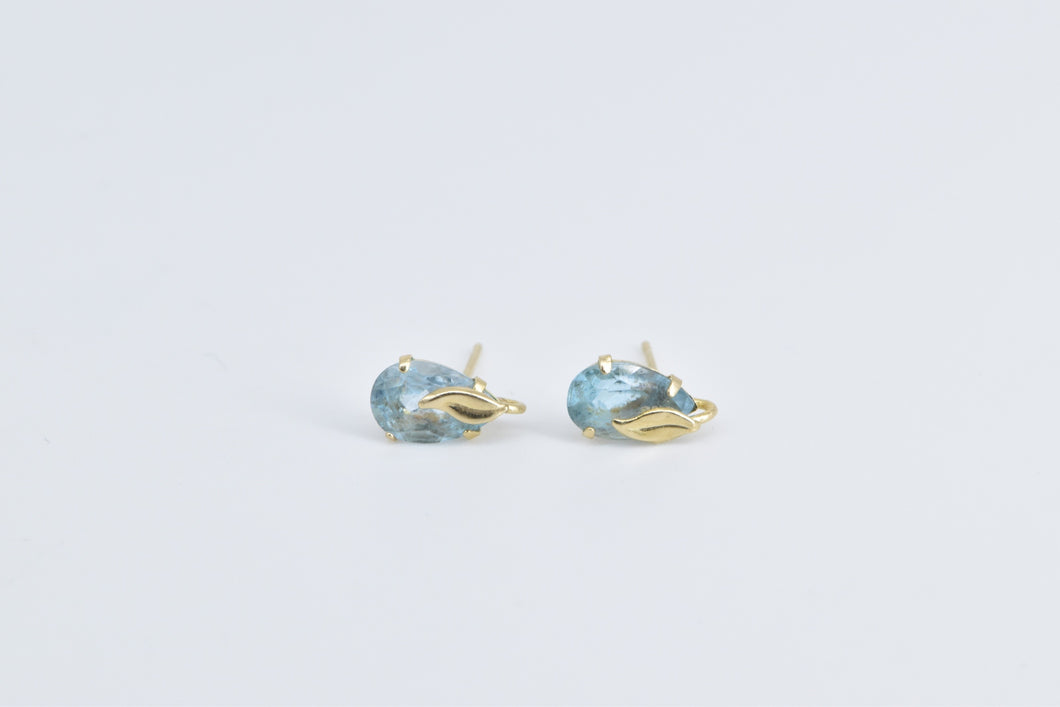 14K Pear Blue Topaz Solitaire Vintage Stud Earrings Yellow Gold