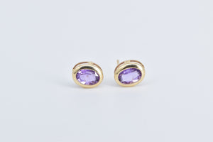 14K Oval Amethyst Solitaire Bezel Vintage Stud Earrings Yellow Gold