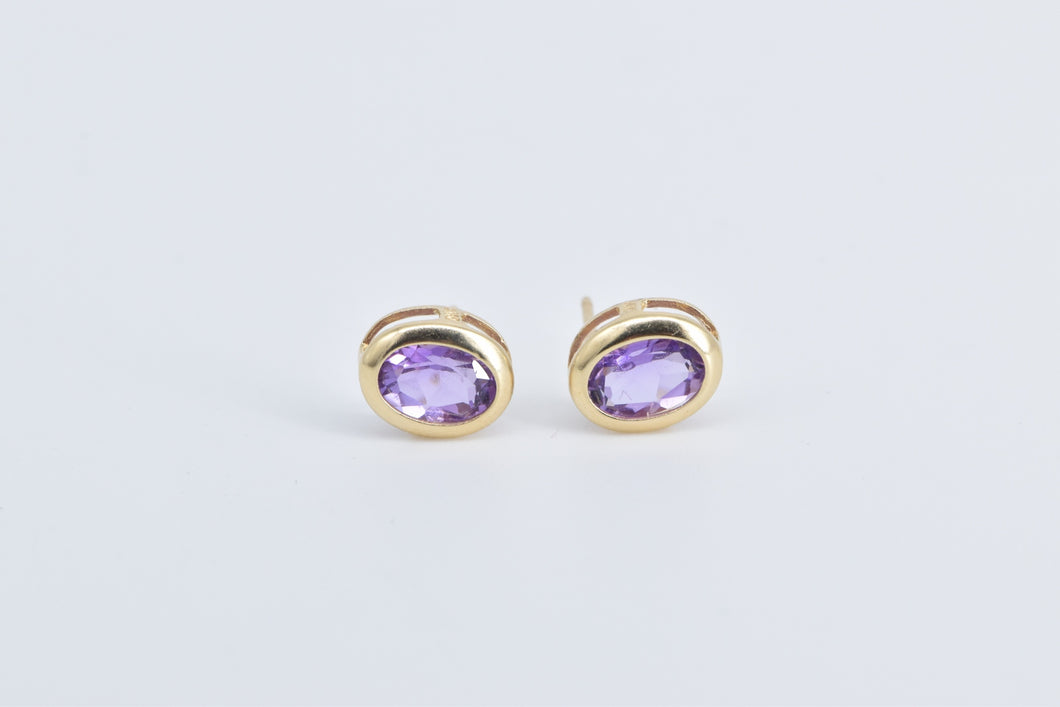 14K Oval Amethyst Solitaire Bezel Vintage Stud Earrings Yellow Gold