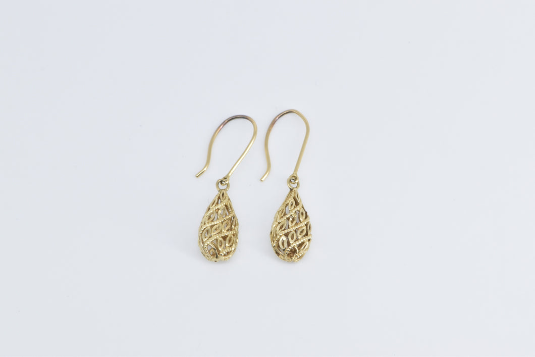 10K Filigree Curvy Tear Drop Dangle Vintage Earrings Yellow Gold